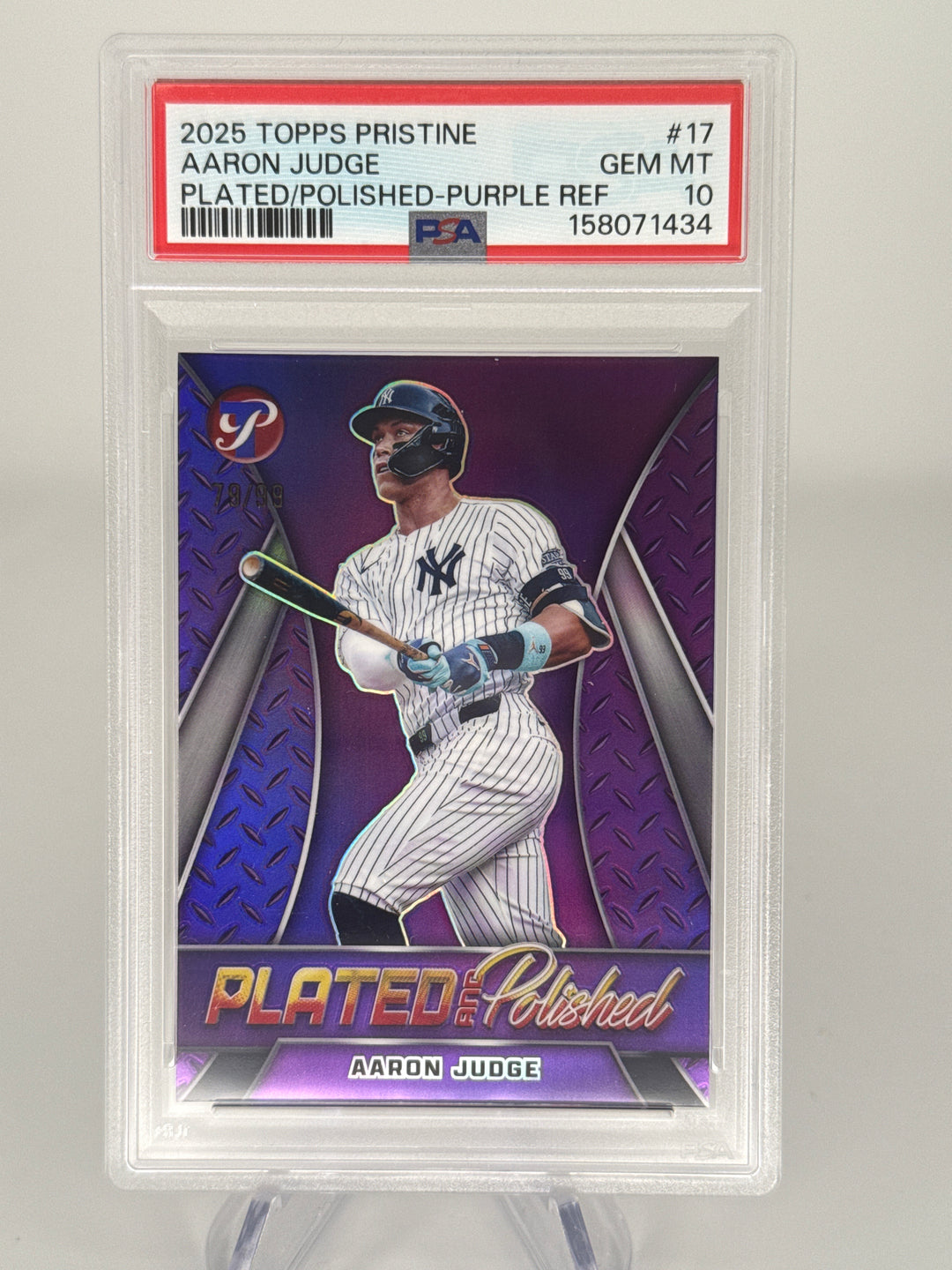 Aaron Judge 2025 Topps Pristine Plated & Polished Purple Refractor, 79/99, PSA 10 Gem Mint