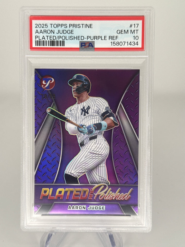 Aaron Judge 2025 Topps Pristine Plated & Polished Purple Refractor, 79/99, PSA 10 Gem Mint