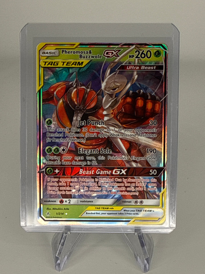 Pokemon TCG 2019 Pheromosa & Buzzwole GX Unbroken Bonds Tag Team Holo, 1/214