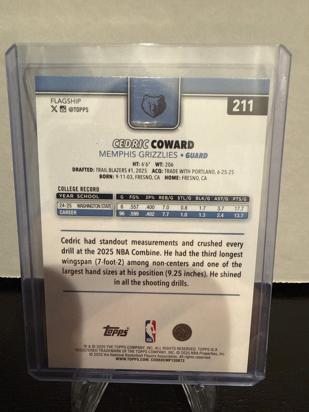 Cedric Coward 2025 Topps Basketball Blue Rainbow Rookie, 110/150