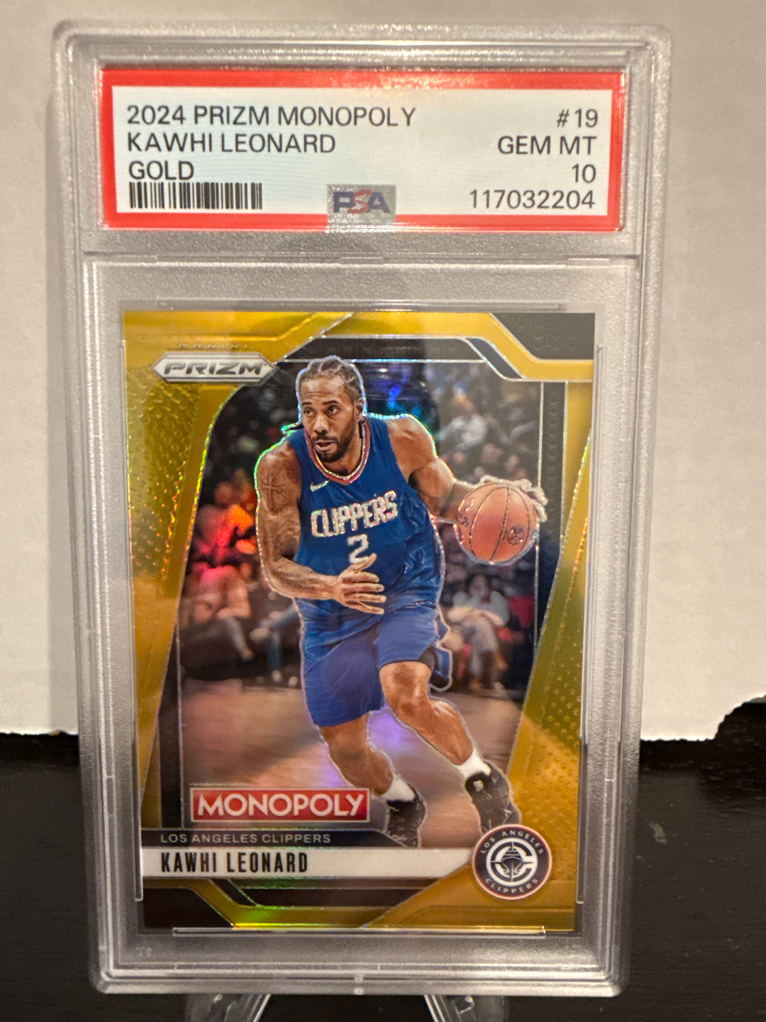 Kawhi Leonard 2024 Panini Prizm Monopoly Gold Prizm, 35/49, PSA 10 Gem Mint