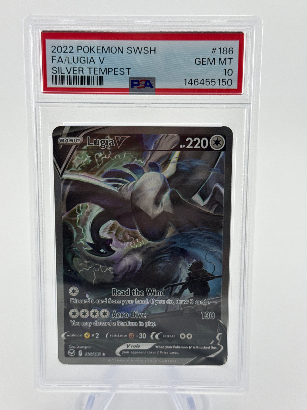 Pokemon TCG 2022 Lugia V Silver Tempest Ultra Rare Fill Art, 186/195, PSA 10 Gem Mint