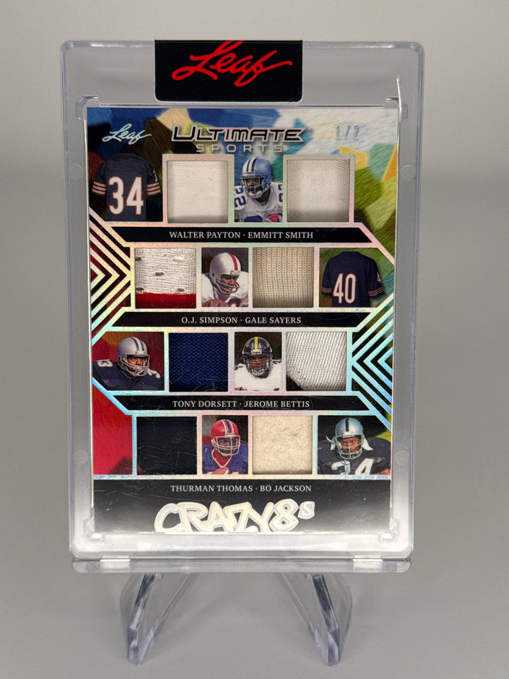 2024 Leaf Ultimate Sports Walter Payton/Emmitt Smith/O.J. Simpson/Gale Sayers/Tony Dorsett/Jerome Bettis/Thurman Thomas/Bo Jackson Crazy 8's Octa Game Used Relics, 1/2