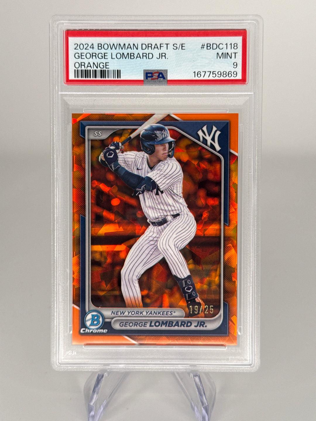 George Lombard Jr 2024 Bowman Draft Sapphire Prospect Orange Refractor, 19/25, PSA 9 Mint