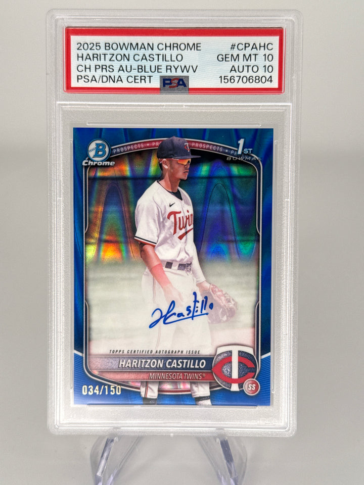 Haritzon Castillo 2025 Bowman Chrome Blue Raywave Refractor 1st Auto, 034/150, PSA 10 Gem Mint, PSA 10 Auto