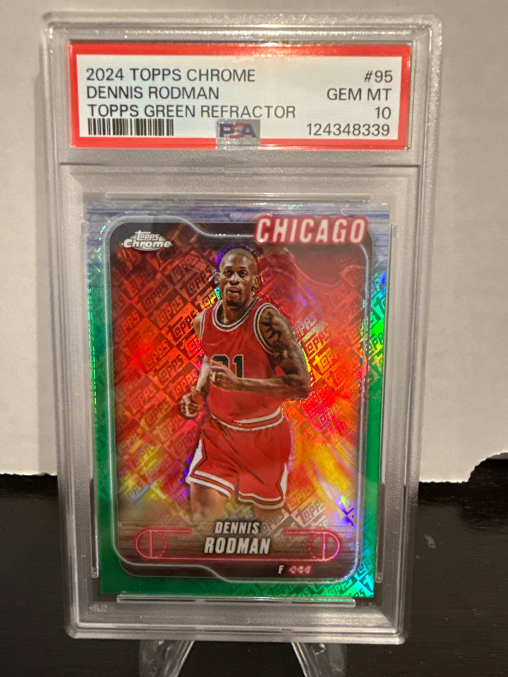 Dennis Rodman 2024 Topps Chrome Topps Green Refractor, PSA 10 Gem Mint