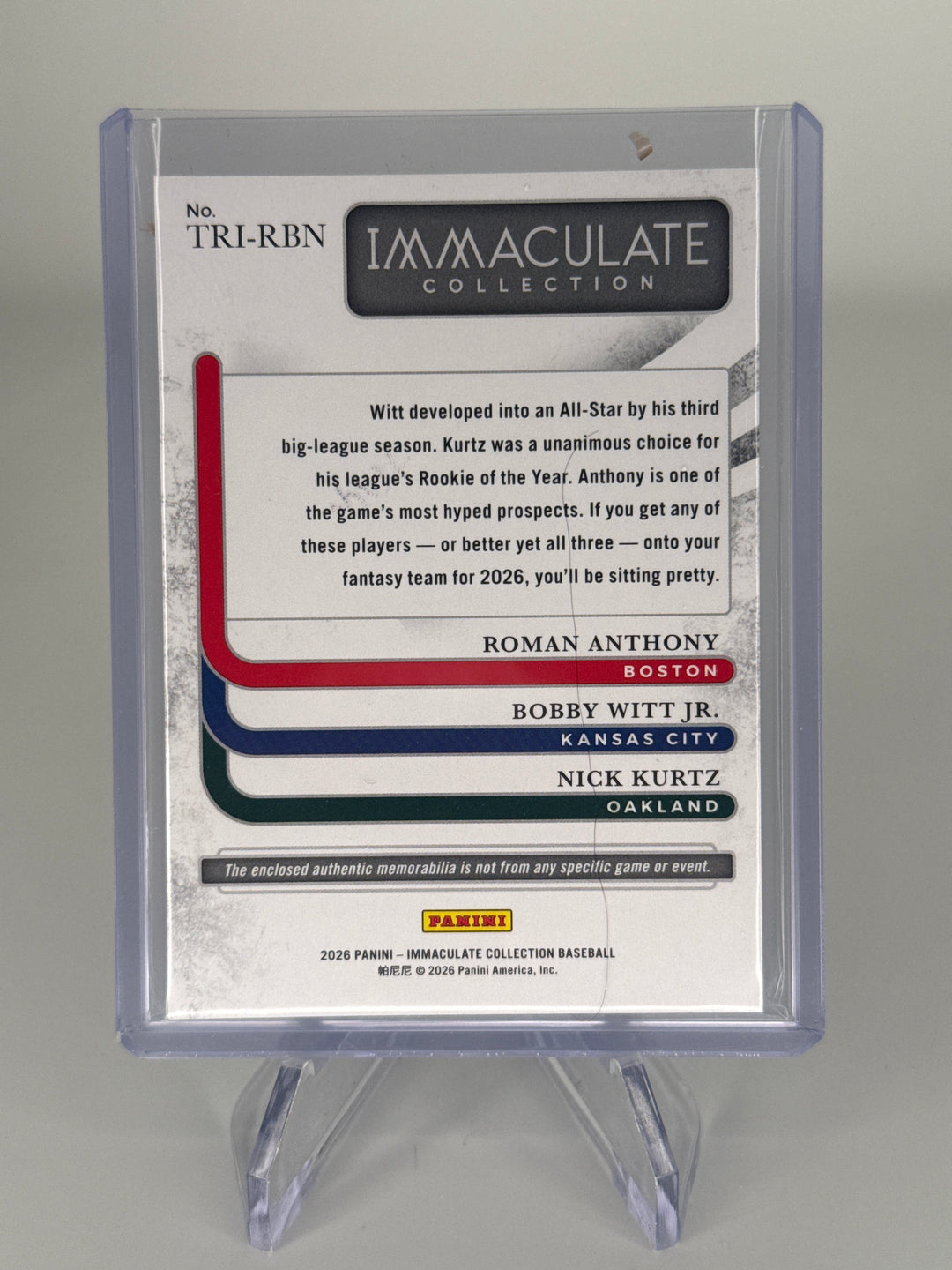 Roman Anthony/Bobby Witt Jr/Nick Kurtz 2026 Panini Immaculate Triple Relic, 18/99