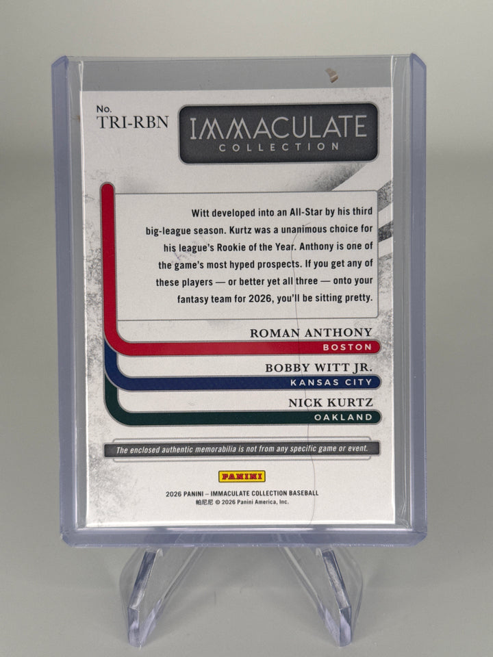 Roman Anthony/Bobby Witt Jr/Nick Kurtz 2026 Panini Immaculate Triple Relic, 18/99