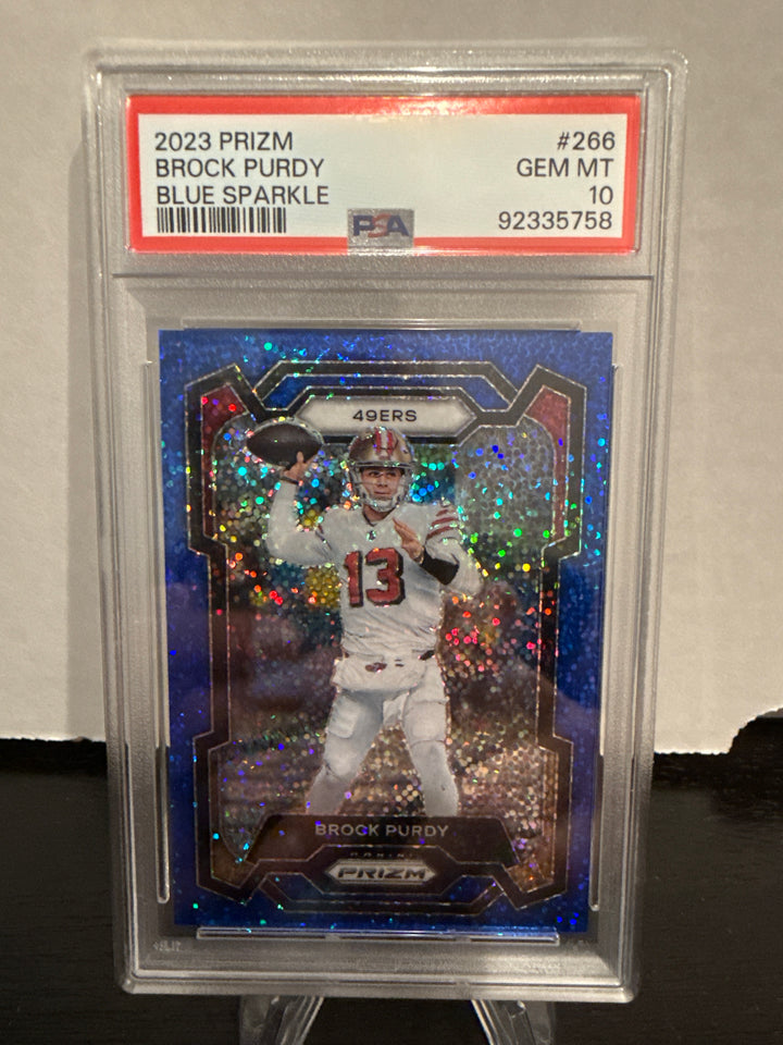 Brock Purdy 2023 Panini Prizm Blue Sparkle, 12/96, PSA 10 Gem Mint