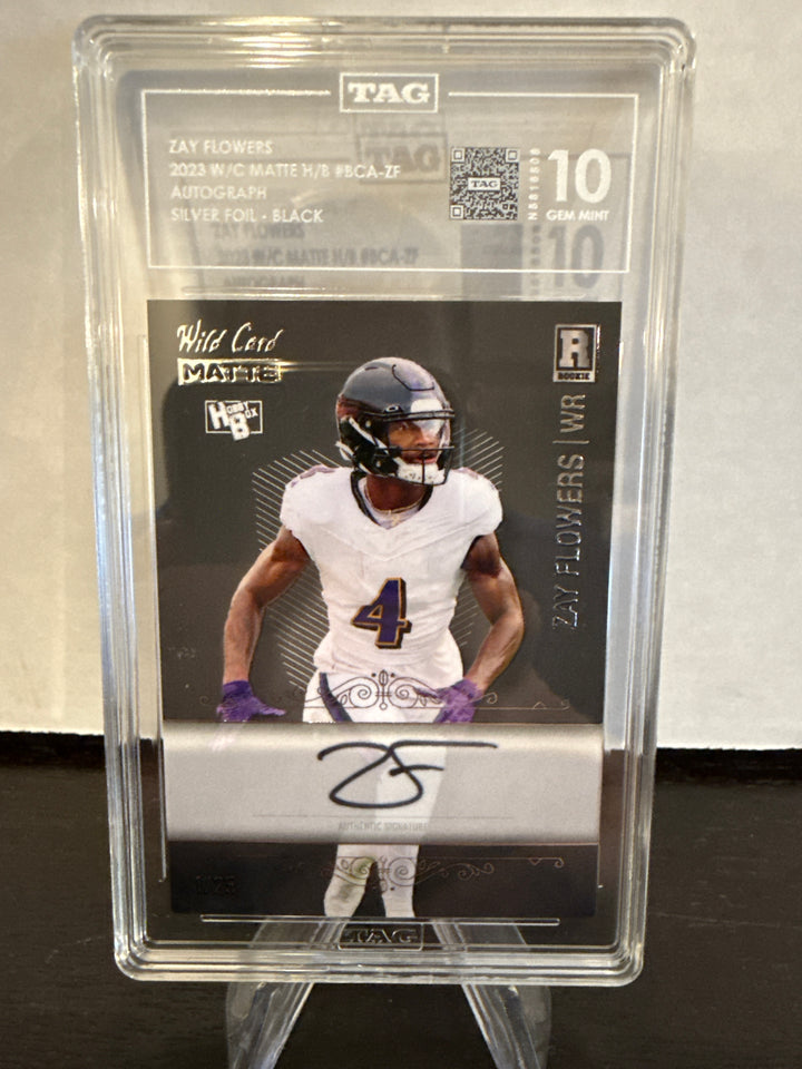 Zay Flowers 2023 Wild Card Silver Foil Black Auto, 1/25, TAG 10 Gem Mint