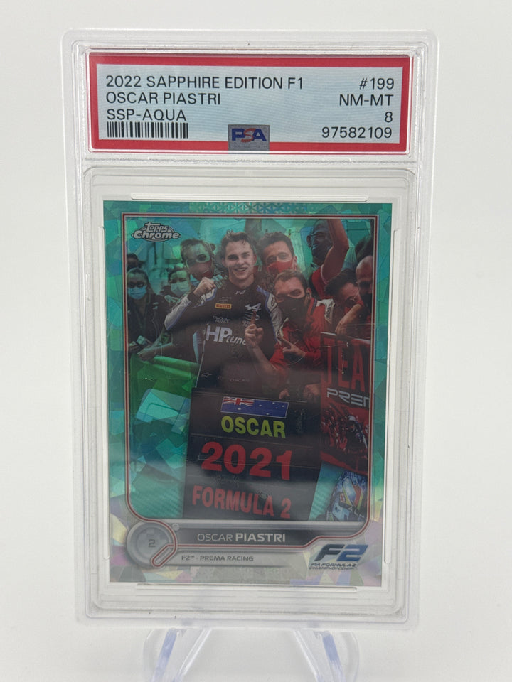 Oscar Piastri 2022 Topps Chrome Sapphire Aqua SSP, 84/99, PSA 8