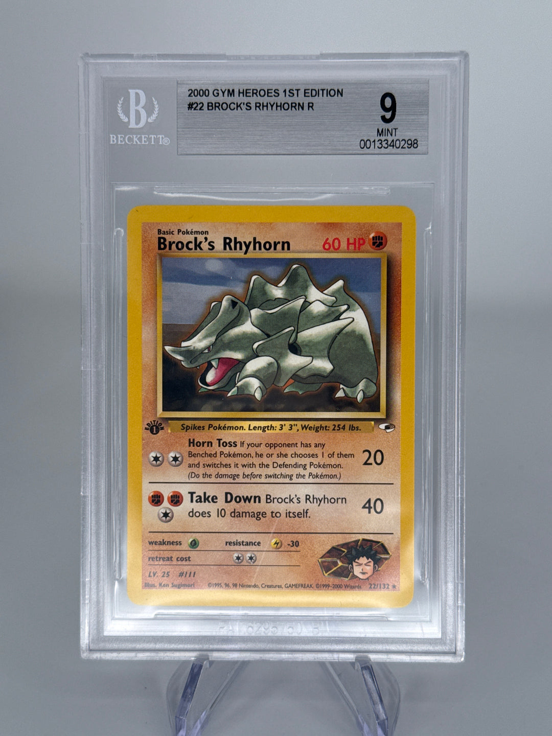 Pokemon TCG 2000 Brock's Rhyhorn 1st Edition Gym Heroes, 22/132, BGS 9 Mint
