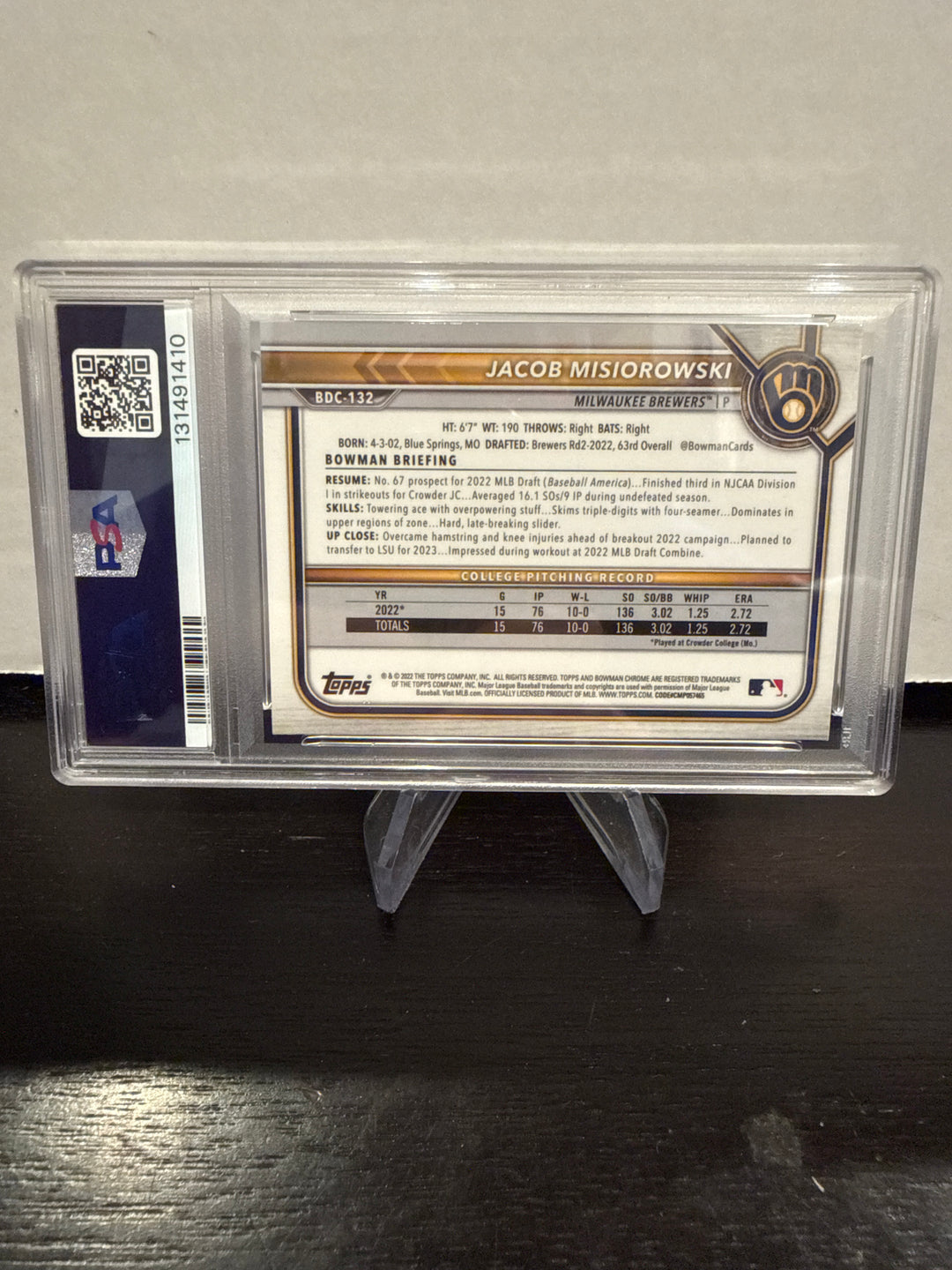 Jacob Misiorowski 2022 Bowman Draft Sapphire 1st, PSA 9 Mint