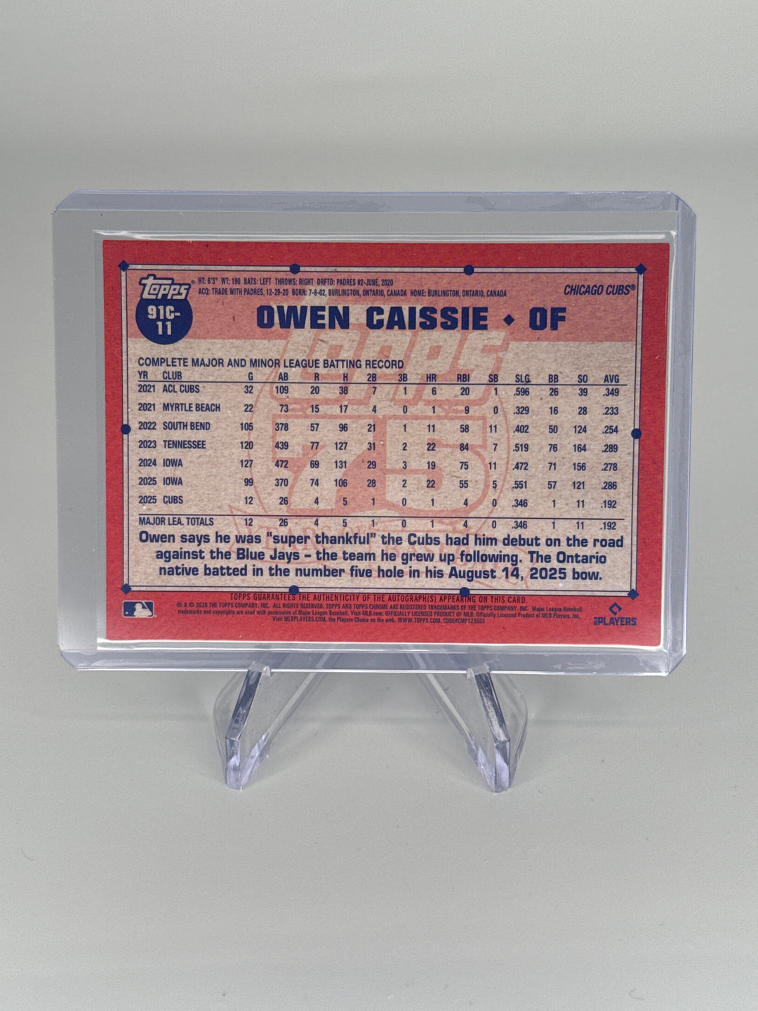 Owen Caissie 2026 Topps Chrome 75th Anniversary Rookie Auto, 026/299