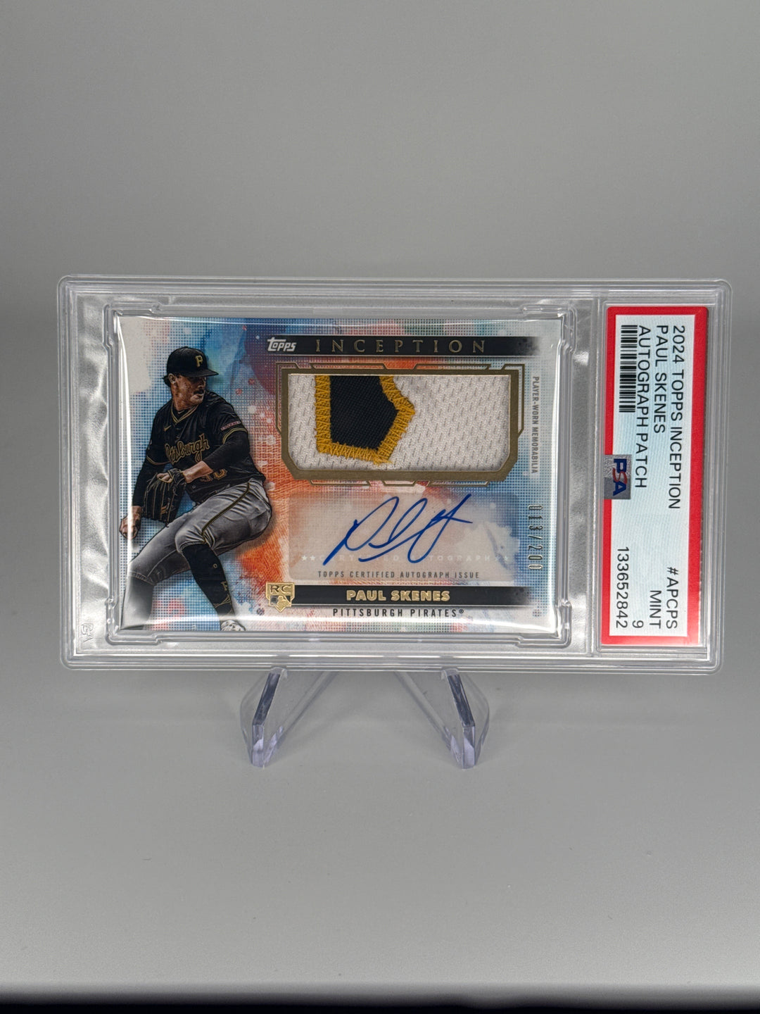 Paul Skenes 2024 Topps Inception Rookie Patch Auto, 013/200, PSA 9 Mint