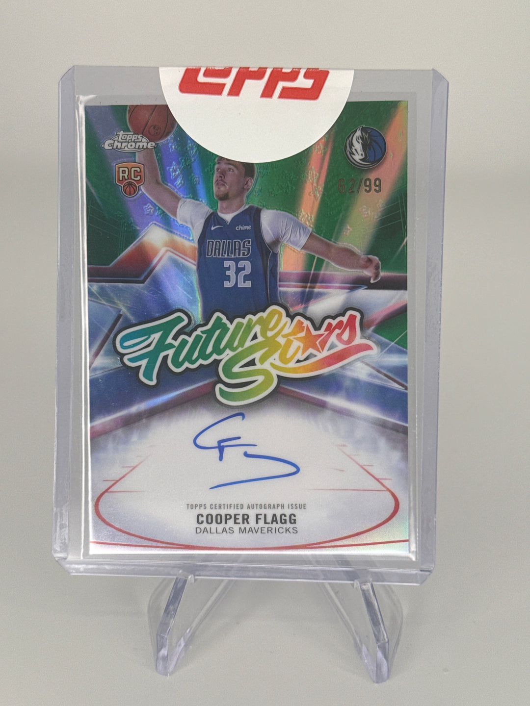 Cooper Flagg 2025 Topps Chrome Future Stars Green Refractor Rookie Auto, 62/99