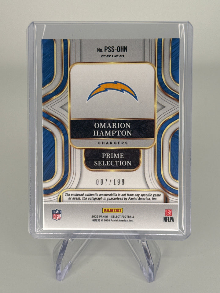 Omarion Hampton 2025 Panini Select Prime Rookie Patch Auto, 007/199