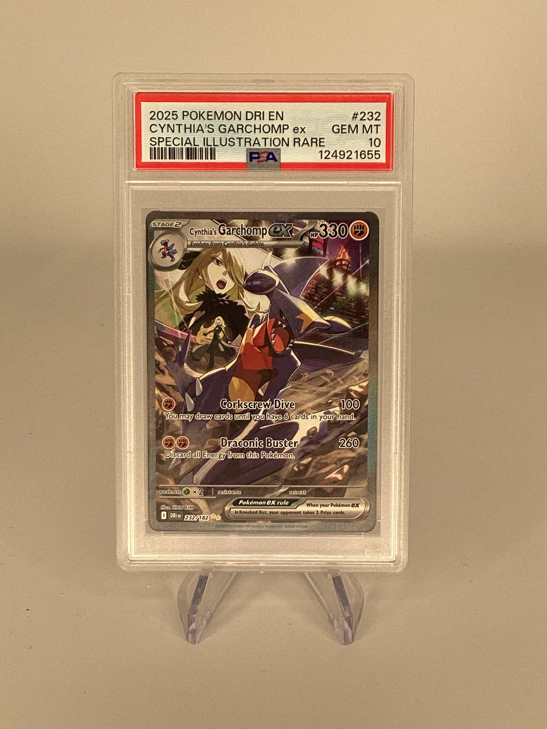Pokemon TCG 2025 Cynthia's Garchomp EX Destined Rivals Full Art Special Illustration Rare, 232/182, PSA 10 Gem Mint