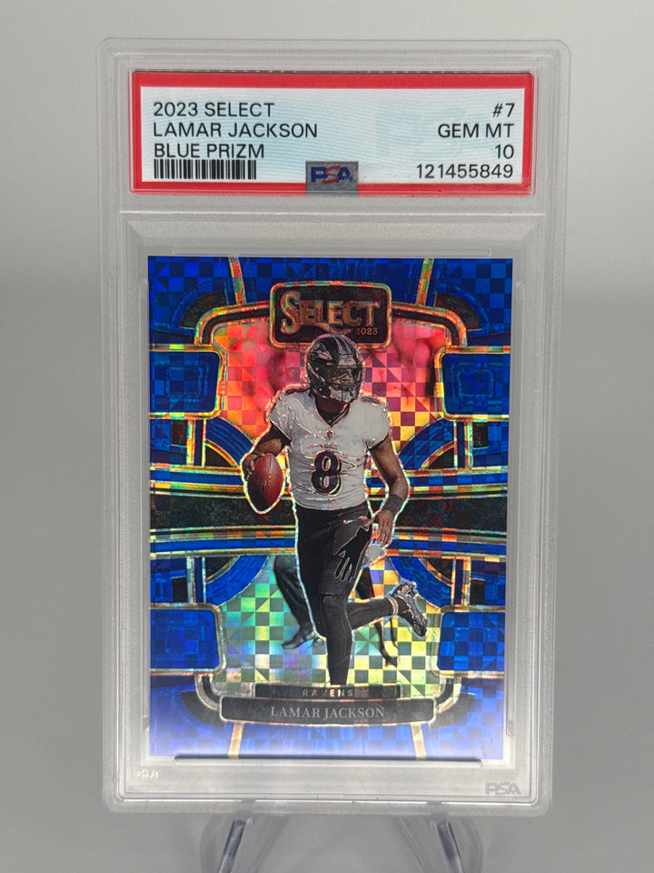Lamar Jackson 2023 Panini Select Blue Prizm, 062/199, PSA 10 Gem Mint