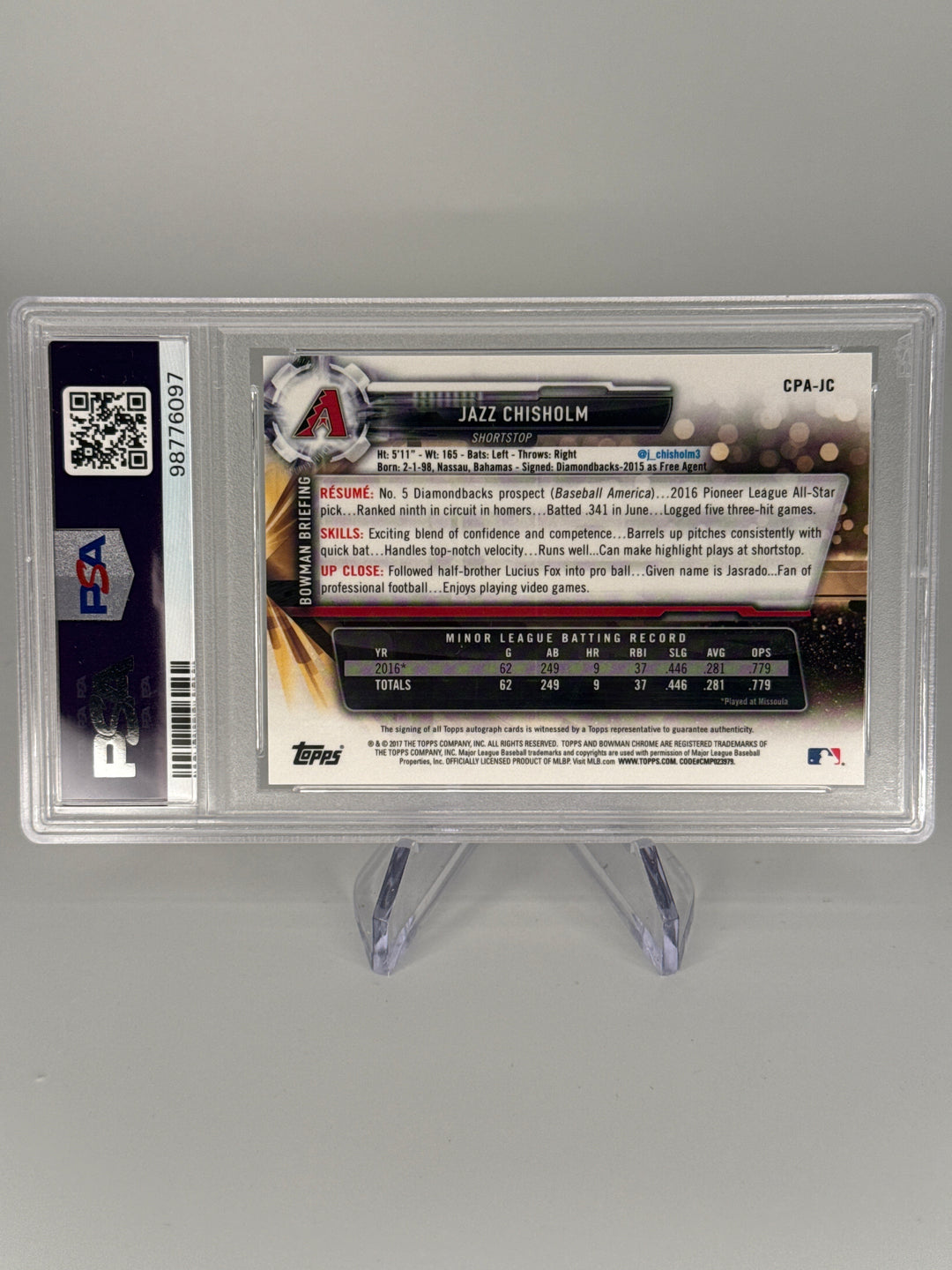 Jazz Chisholm Jr. 2017 Bowman Chrome 1st Bowman Auto, PSA 10 Gem Mint