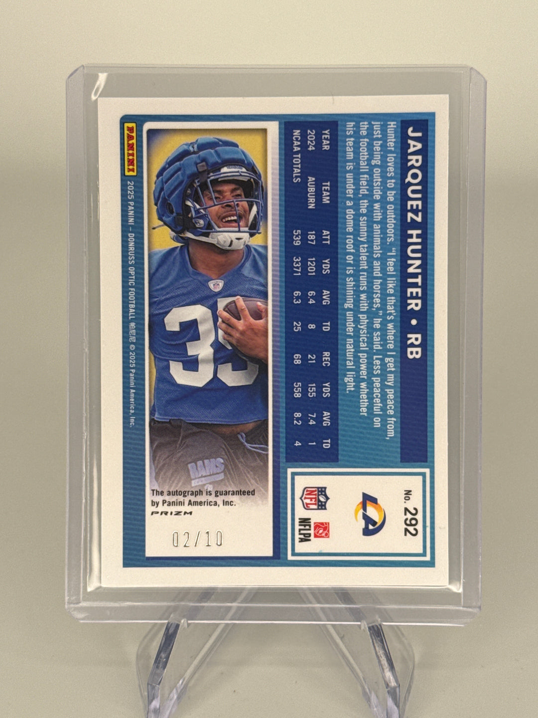 Jarquez Hunter 2025 Panini Donruss Optic Rated Rookie Gold Auto, 02/10