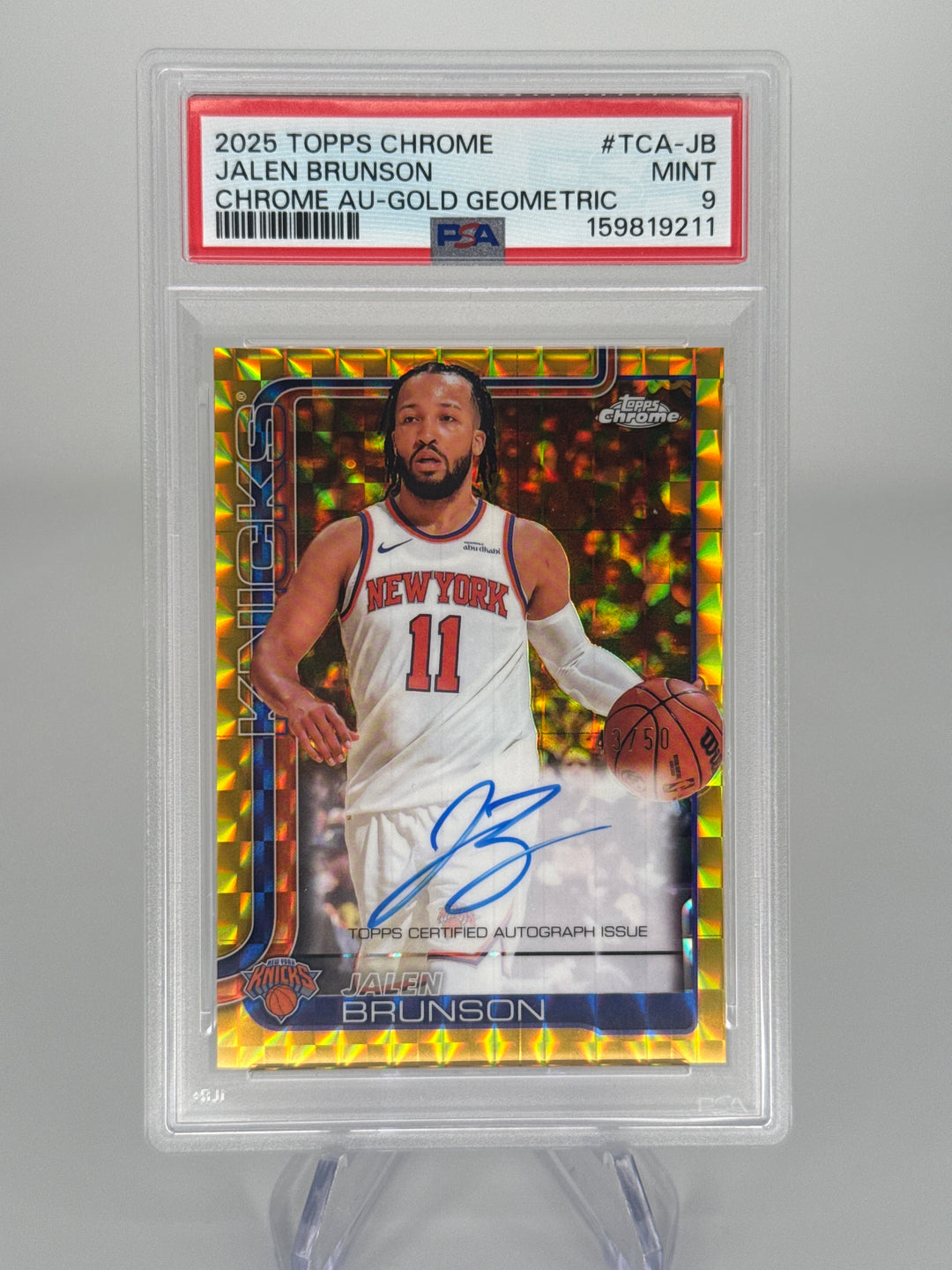Jalen Brunson 2025 Topps Chrome Gold Geometric Auto, 43/50, PSA 9 Mint