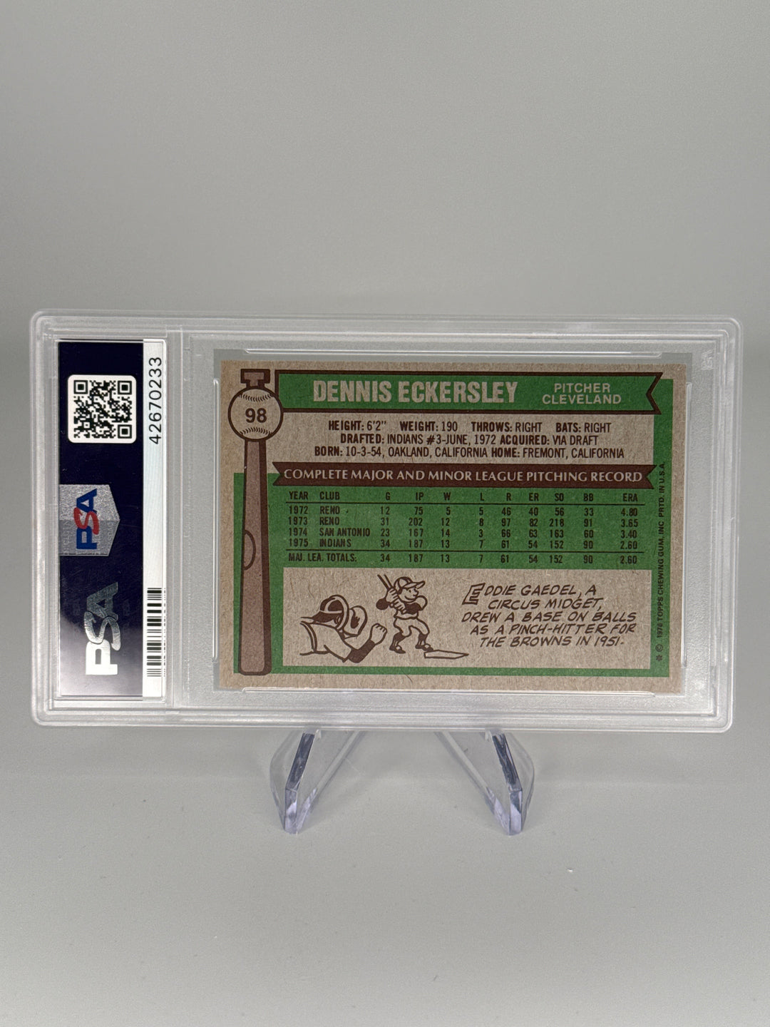 Dennis Eckersley 1976 Topps Rookie, PSA 8