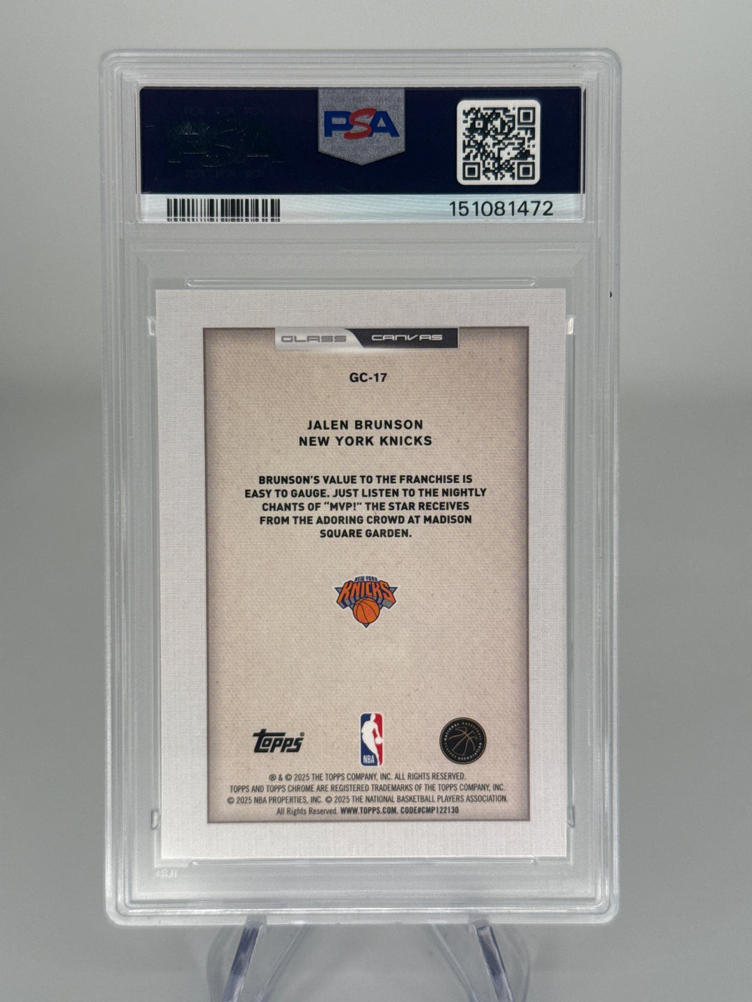 Jalen Brunson 2025 Topps Chrome Glass Canvas SSP Case Hit, PSA 10 Gem Mint