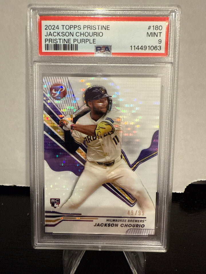 Jackson Chourio 2024 Topps Pristine Purple Refractor Rookie, 49/99, PSA 9 Mint