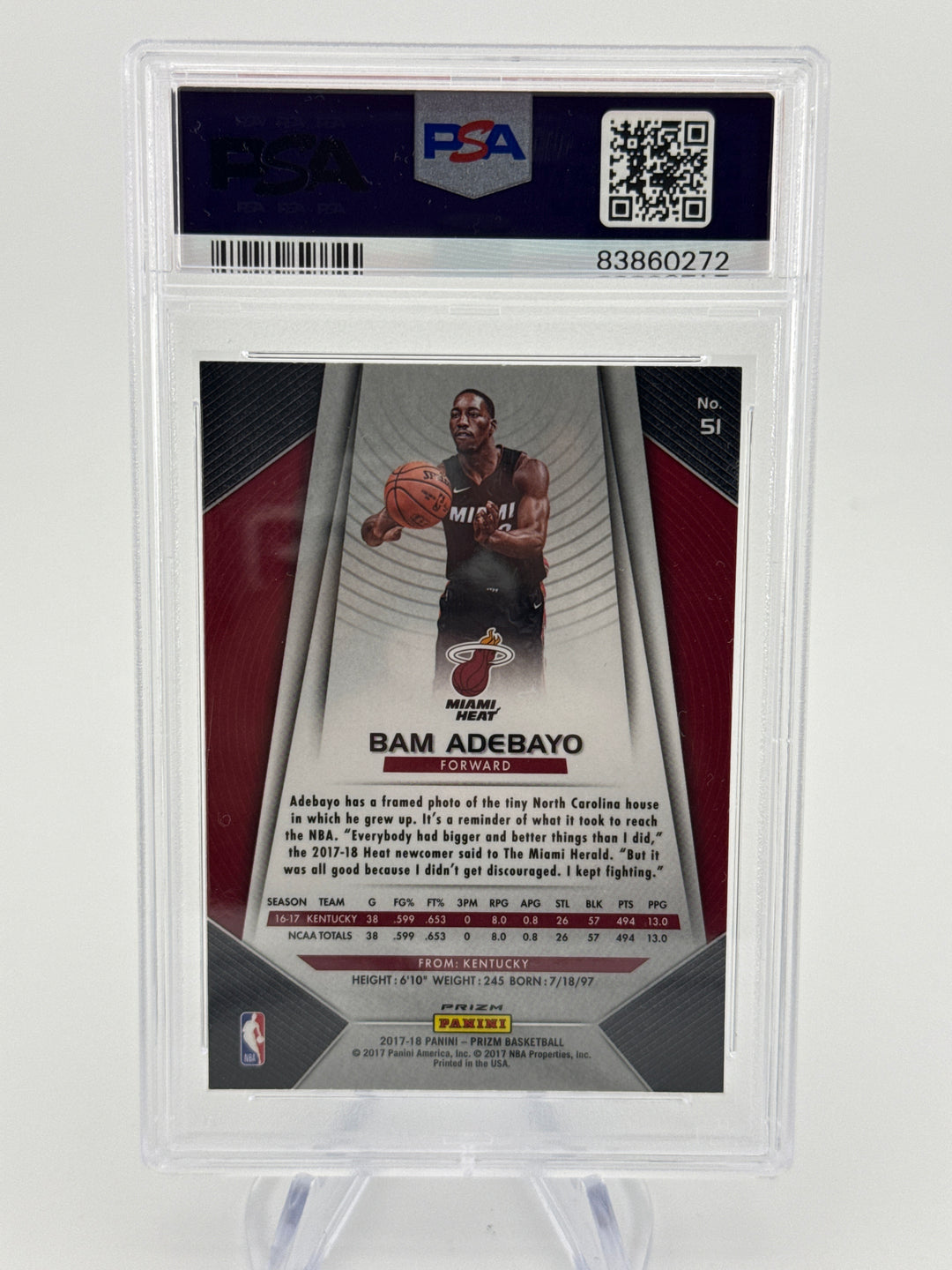 Bam Adebayo 2017 Panini Prizm Silver Prizm Rookie, PSA 9 Mint