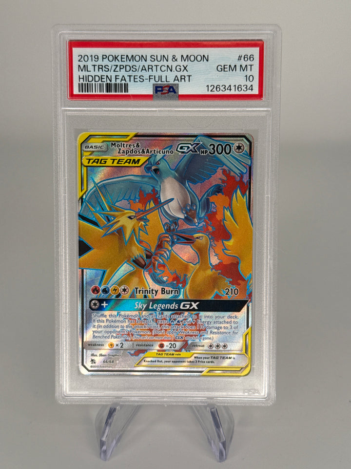 Pokemon TCG 2019 Moltres & Zapdos & Articuno Sun & Moon Hidden Fates Full Art, 66/68, PSA 10 Gem Mint