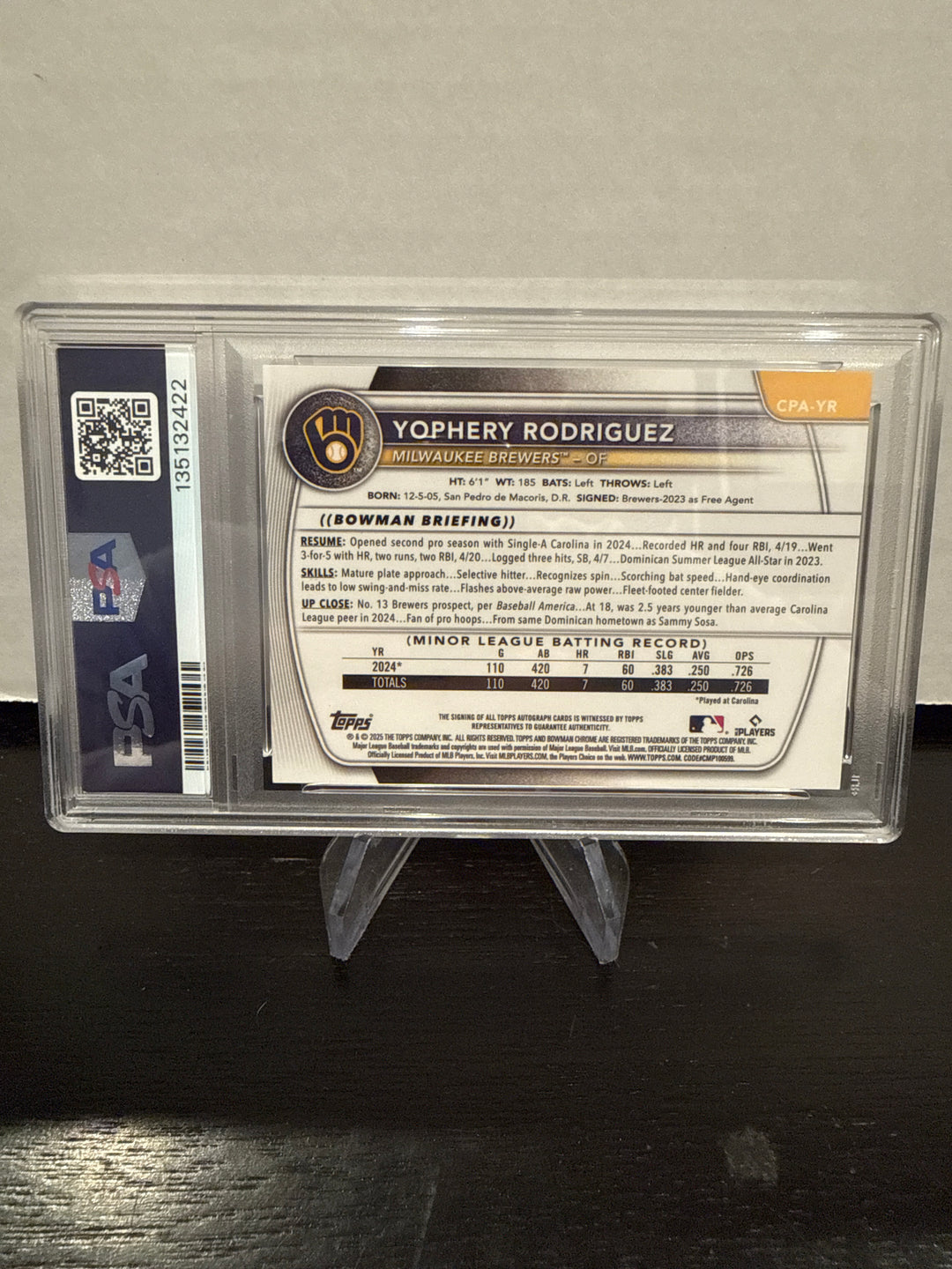 Yophery Rodriguez 2025 Bowman Chrome 1st Bowman Auto Mini Diamond, 089/100, PSA 9 Mint