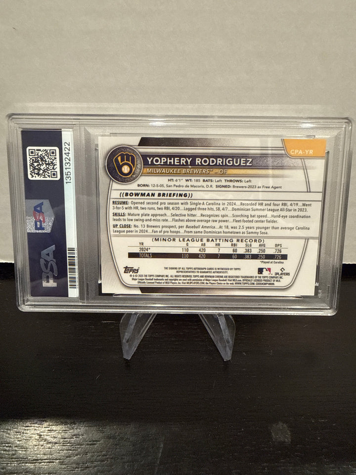 Yophery Rodriguez 2025 Bowman Chrome 1st Bowman Auto Mini Diamond, 089/100, PSA 9 Mint