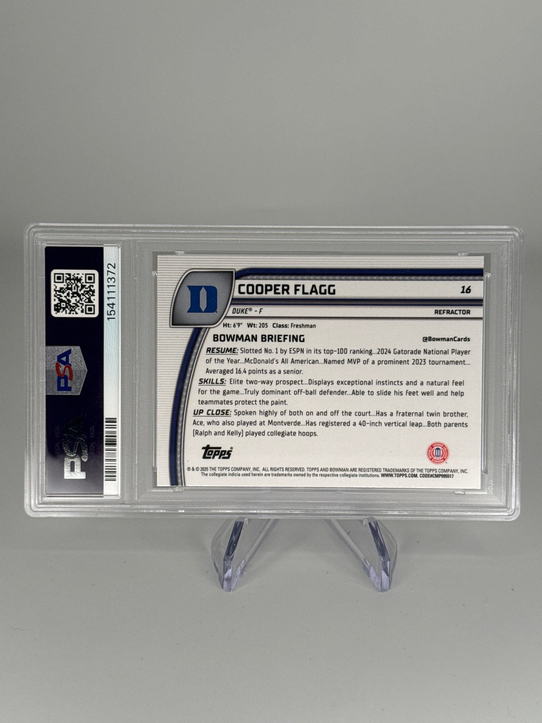 Cooper Flagg 2024 Bowman Chrome University 1st Bowman Refractor, PSA 9 Mint