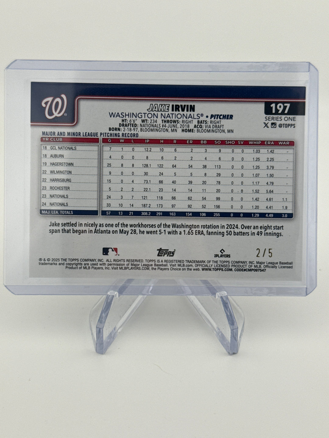 Jake Irvin 2025 Topps Series One Red Spring Training Foil, 2/5