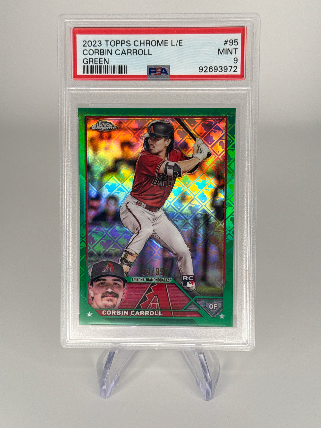 Corbin Carroll 2023 Topps Chrome Logofractor Green Rookie, 54/99, PSA 9 Mint