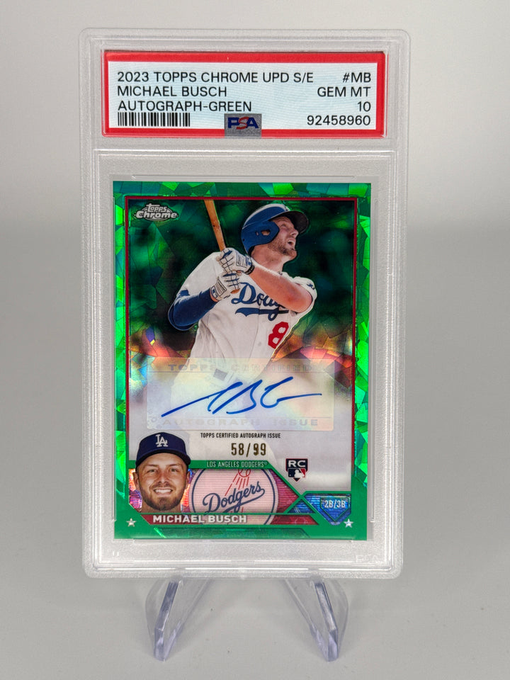 Michael Busch 2023 Topps Chrome Sapphire Update Rookie Auto Green, 58/99, PSA 10 Gem Mint