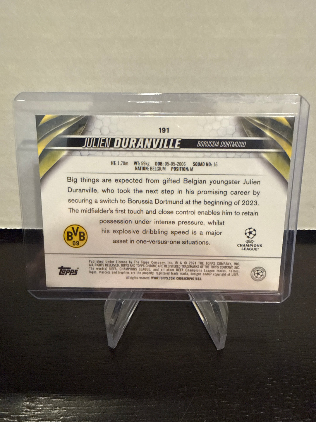 Julien Duranville 2024 Topps Chrome Champions League Gold Geometric Rookie, 10/50