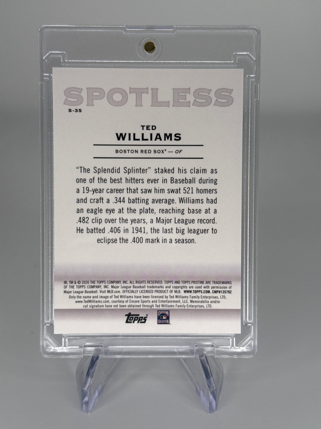 Ted Williams 2026 Topps Pristine Spotless Gold Refractor, 04/50