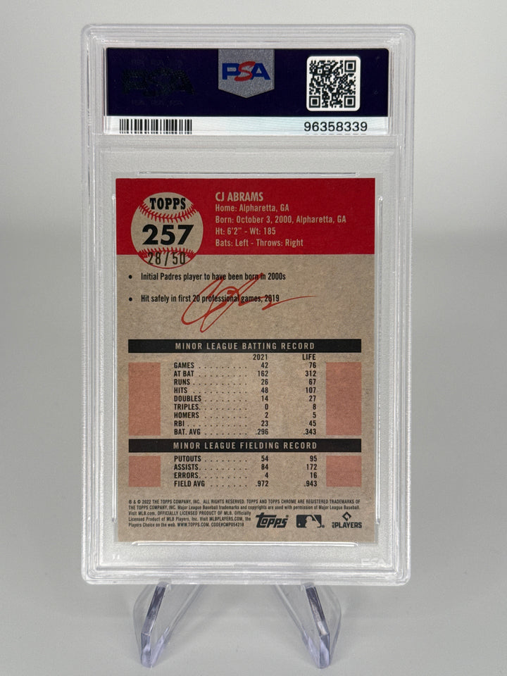 CJ Abrams 2022 Topps Chrome Platinum Anniversary Gold Wave Refractor Rookie, 28/50, PSA 9 Mint