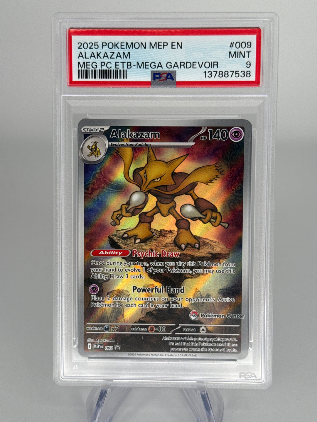 Pokemon TCG 2025 Alakazam Mega Evolution Pokemon Center Black Star Promo, 009, PSA 9 Mint