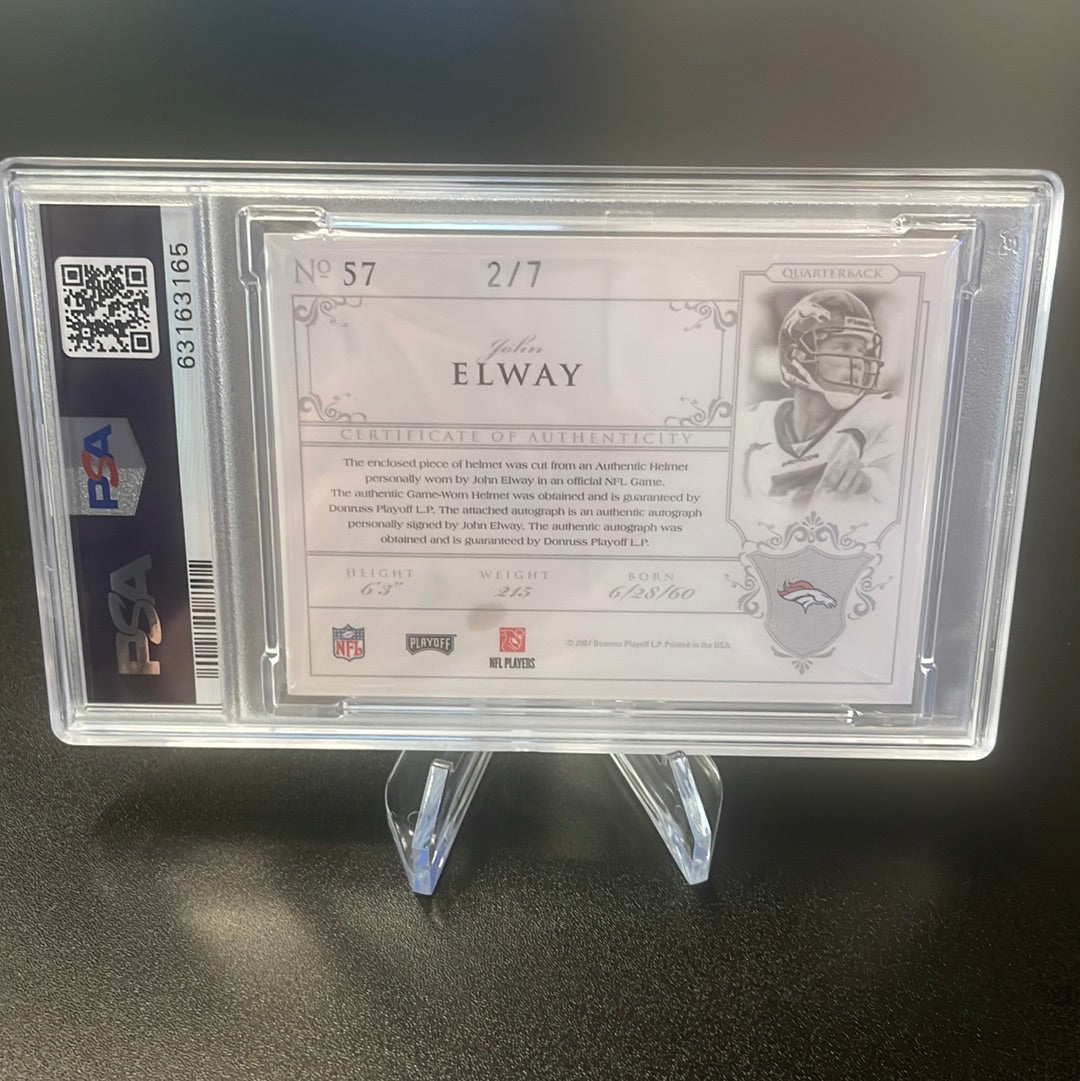 John Elway 2007 Playoff National Treasures Face Mask Signatures, 2/7, PSA 9 Mint