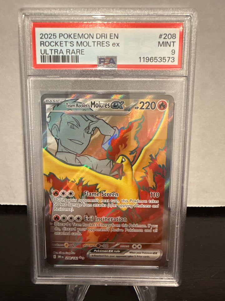 Pokemon TCG 2025 Team Rocket's Moltres EX Destined Rivals Full Art Illustration Rare, 208/182, PSA 9 Mint