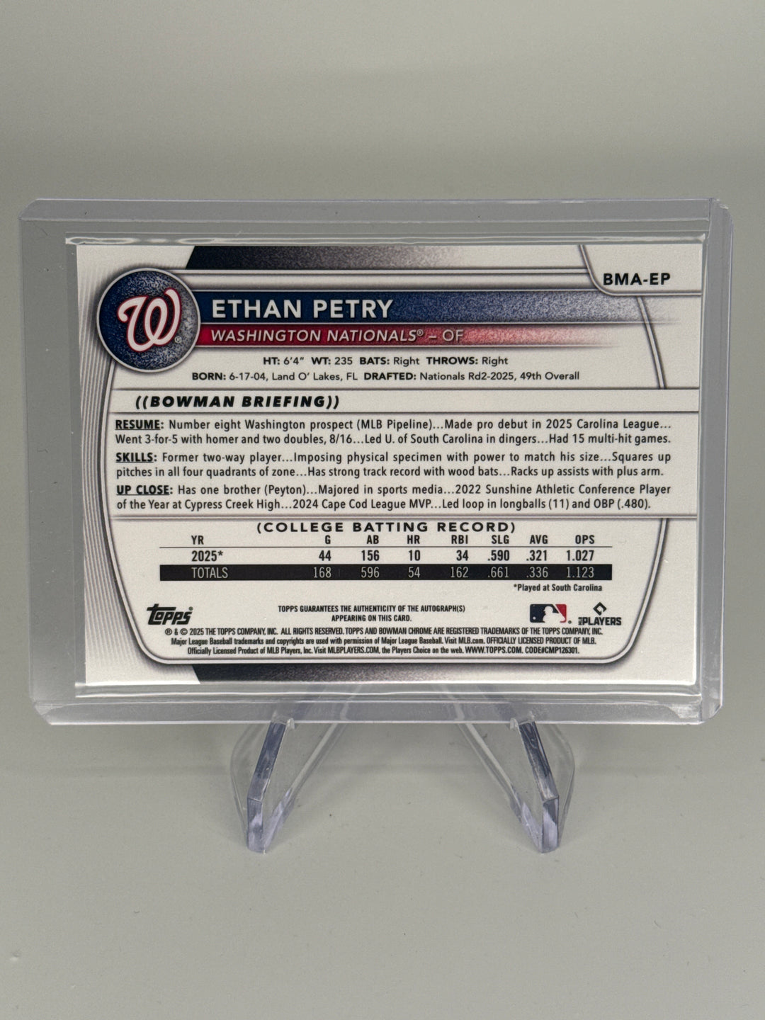 Ethan Petry 2025 Bowman Chrome Prospect Gold Refractor Auto, 31/50