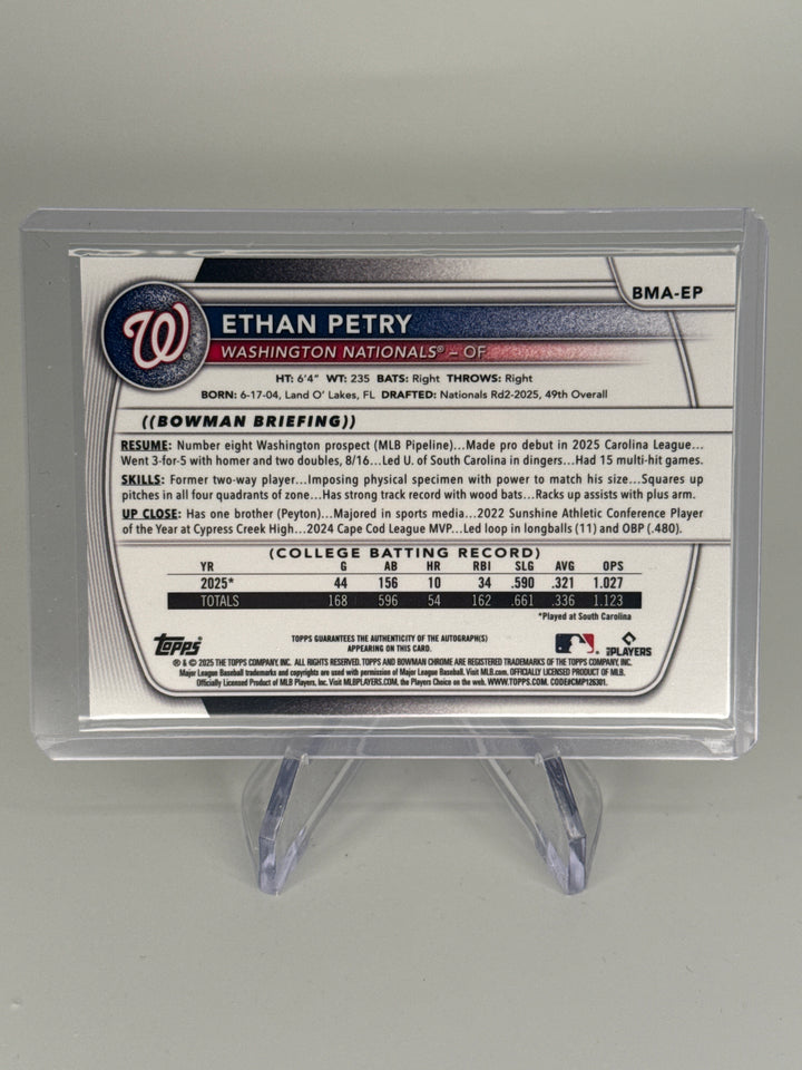 Ethan Petry 2025 Bowman Chrome Prospect Gold Refractor Auto, 31/50