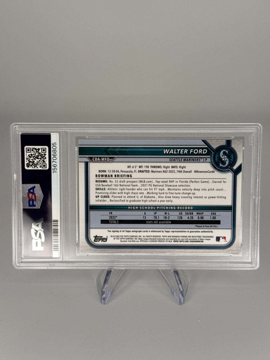Walter Ford 2022 Bowman Chrome Sparkle Refractor 1st Auto, 25/71, PSA 9 Mint, PSA 10 Auto