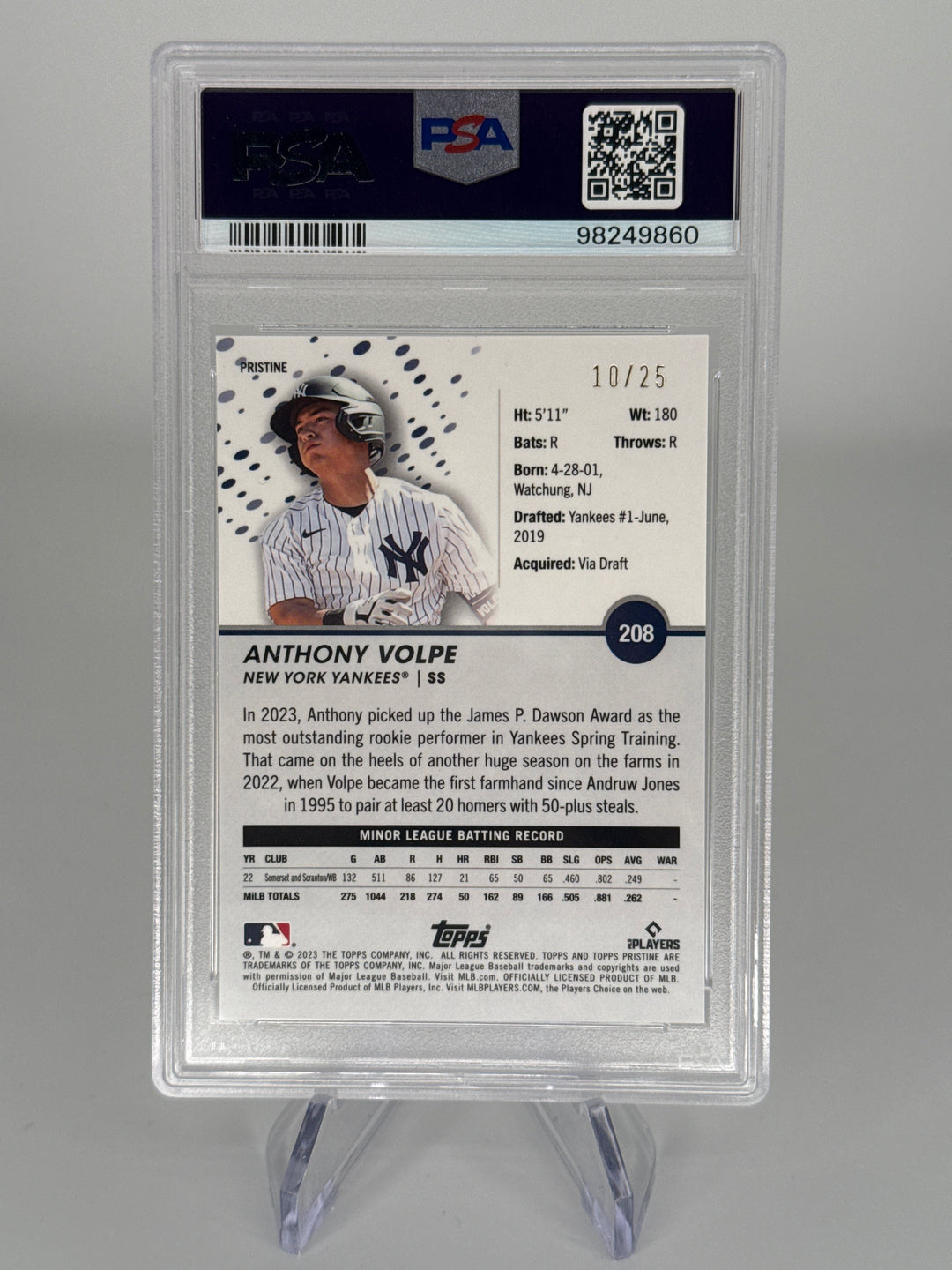 Anthony Volpe 2023 Topps Pristine Orange Rookie, 10/25, PSA 9 Mint