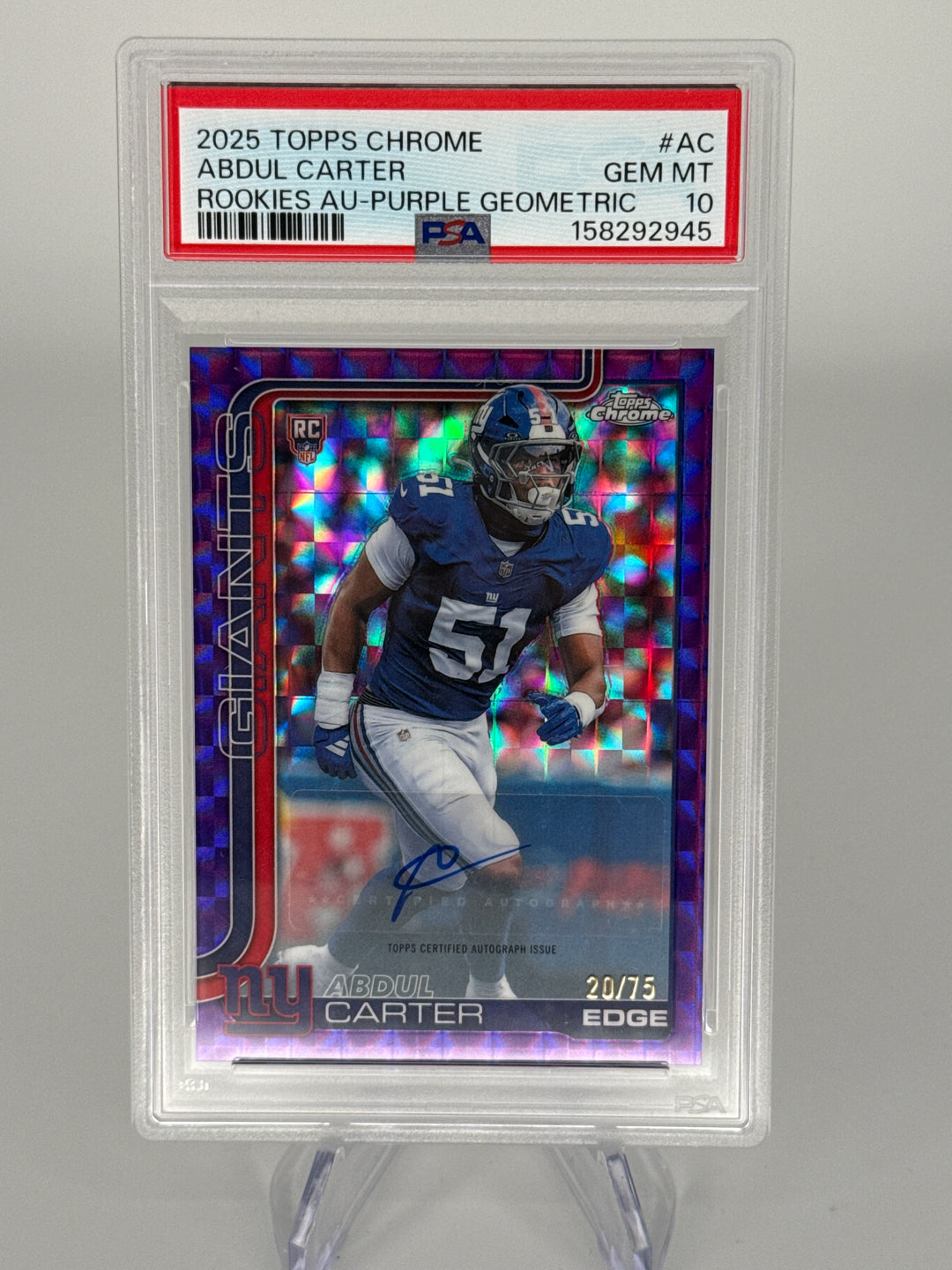 Abdul Carter 2025 Topps Chrome Purple Geometric Refractor Rookie Auto, 20/75, PSA 10 Gem Mint