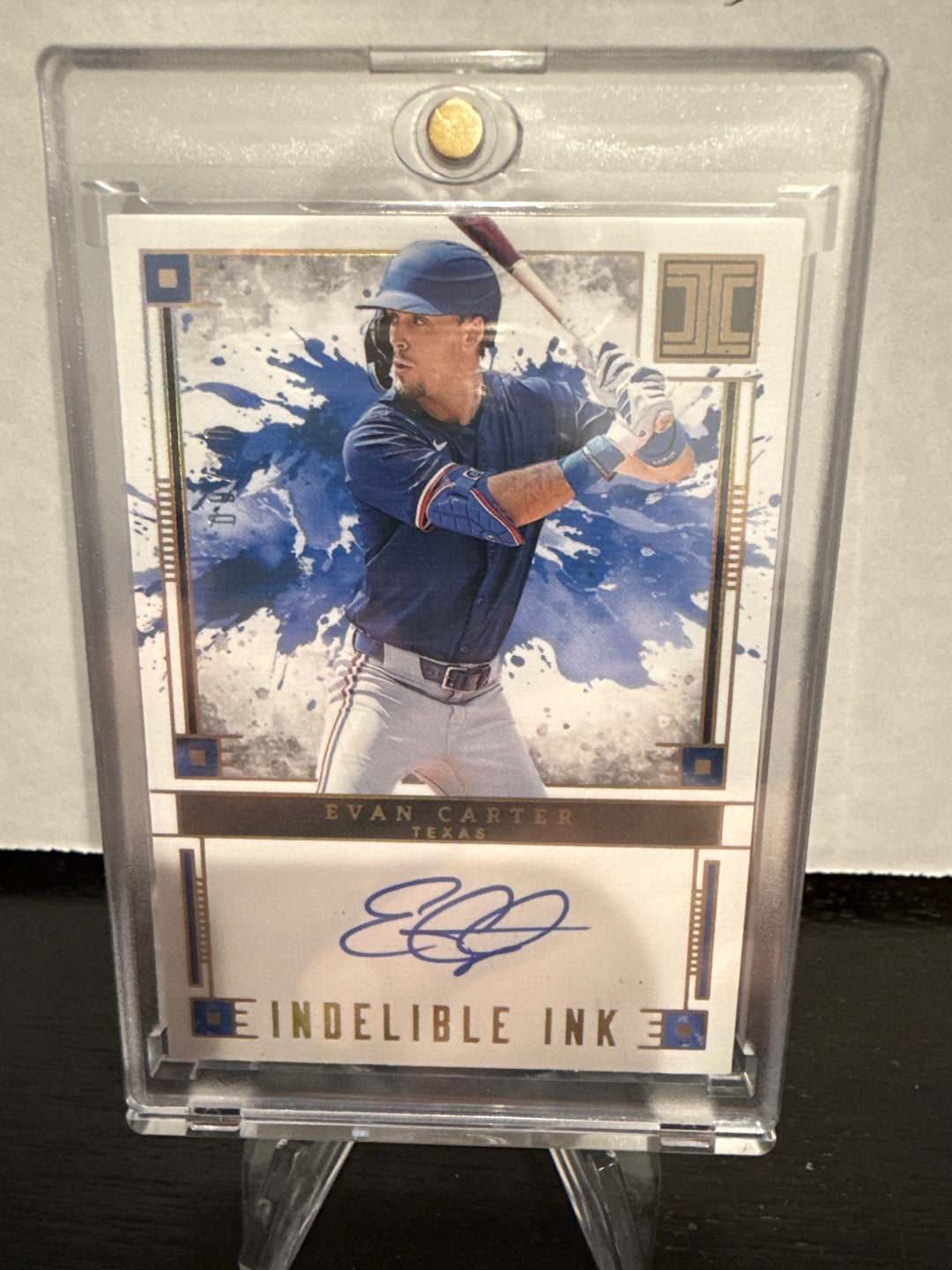 Evan Carter 2025 Panini Impeccable Indelible Ink Gold Auto, 09/10