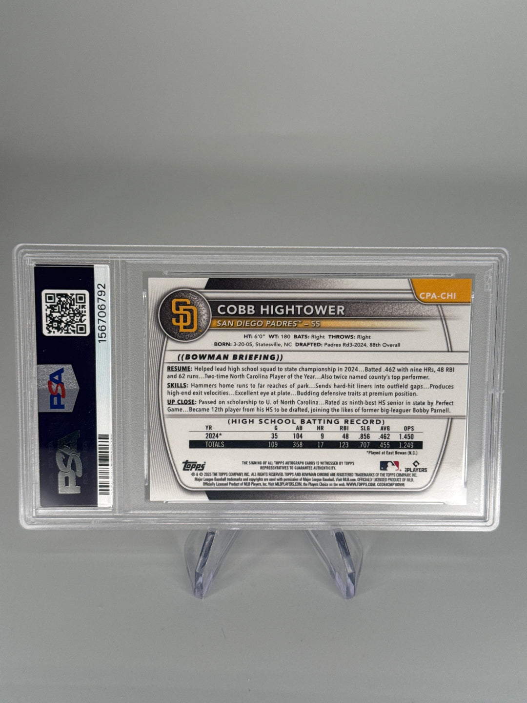 Cobb Hightower 2025 Bowman Chrome Gold Shimmer Refractor 1st Auto, 40/50, PSA 9 Mint, PSA 10 Auto